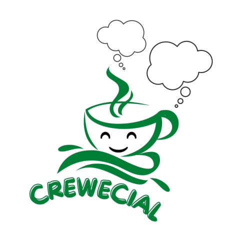 Crewecial Logo, Green Tea Cup with thought bubbles above