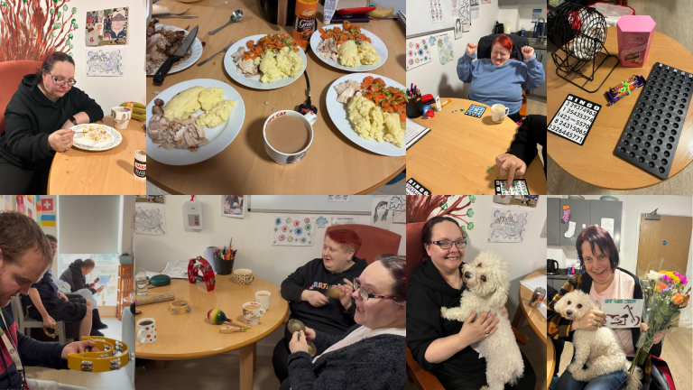 Our Alsager clients cooking, joining in on a music session, playing bingo and enjoying pet therapy
